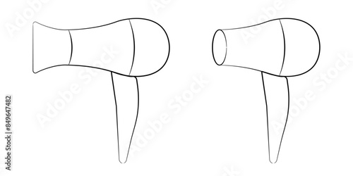 Pencil drawing of set of hair dryers with different attachments. Sketch of equipment for hairdressing salons, barbershop isolated. Contour professional equipment. Linear subject. Vector illustration