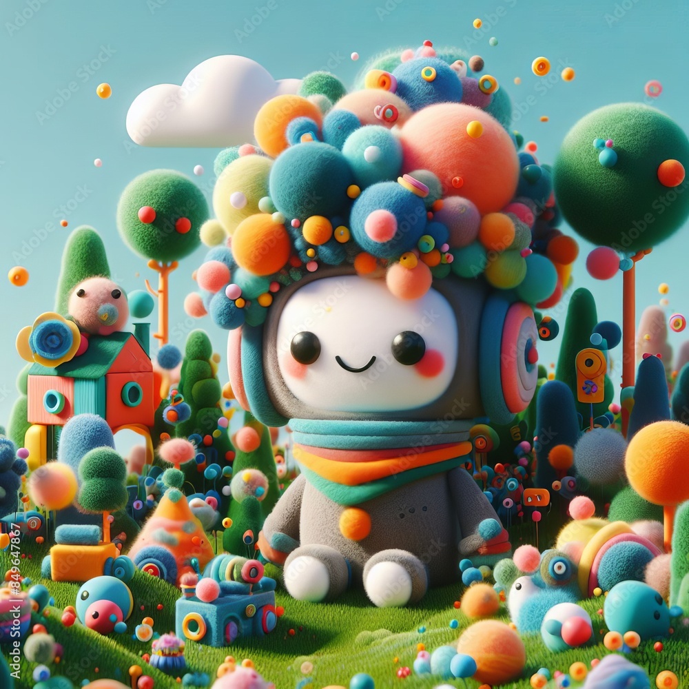 Naklejka premium Cute felt toy robot with soft balls on head on lawn