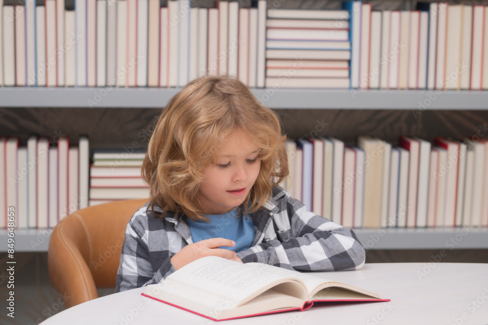Child reading a red book in the library. Little student on school library. Child reading a red book in the library. Little student on school library.