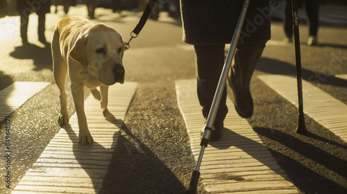 A visually impaired person with a white cane crossing the street assisted by a guide dog.