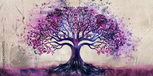 tree of life, illustration, symbol, leaves, purple, pink, white canvas photo