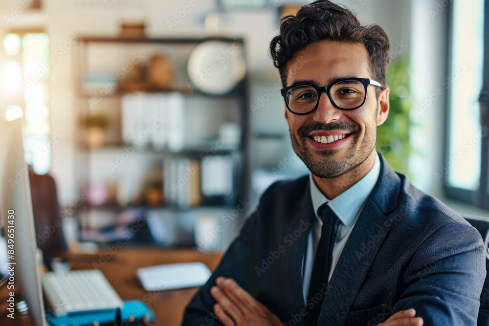 A businessman smiles while sitting at his desk A businessman smiles while sitting at his desk