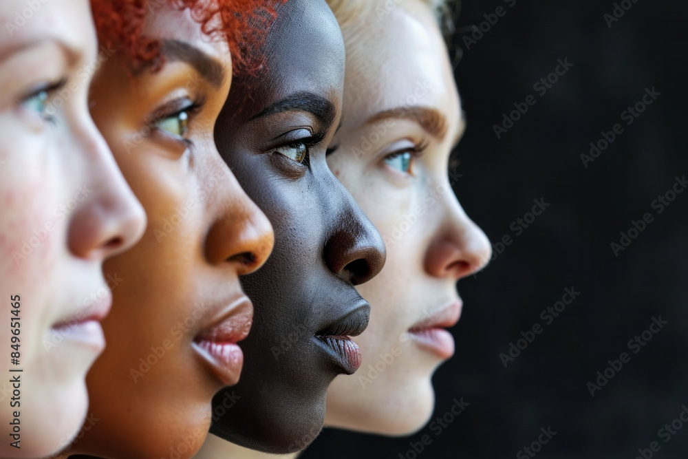 A close-up shot of four womens faces in profile, showcasing a diverse range of skin tones A close-up shot of four womens faces in profile, showcasing a diverse range of skin tones