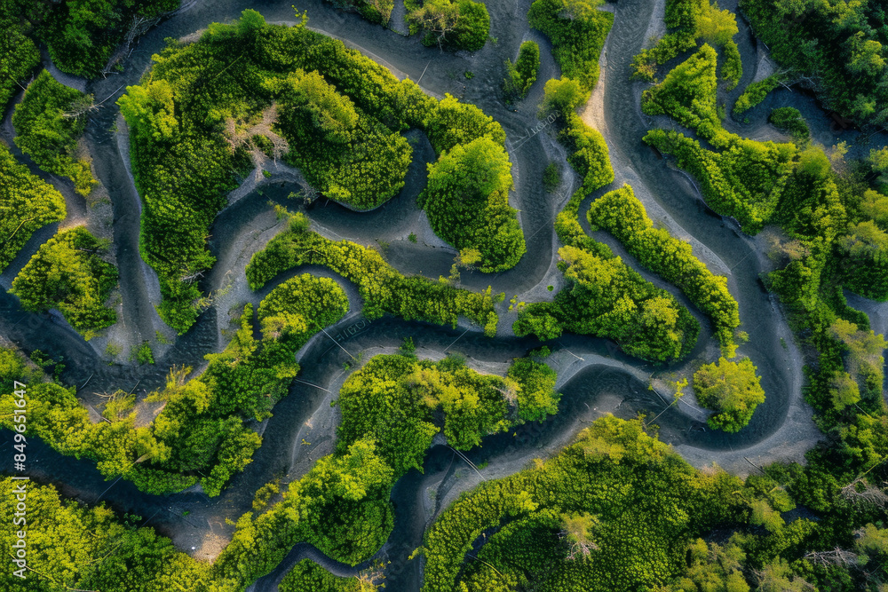 Obraz premium Aerial shot of winding forest paths through lush green trees in Iceland