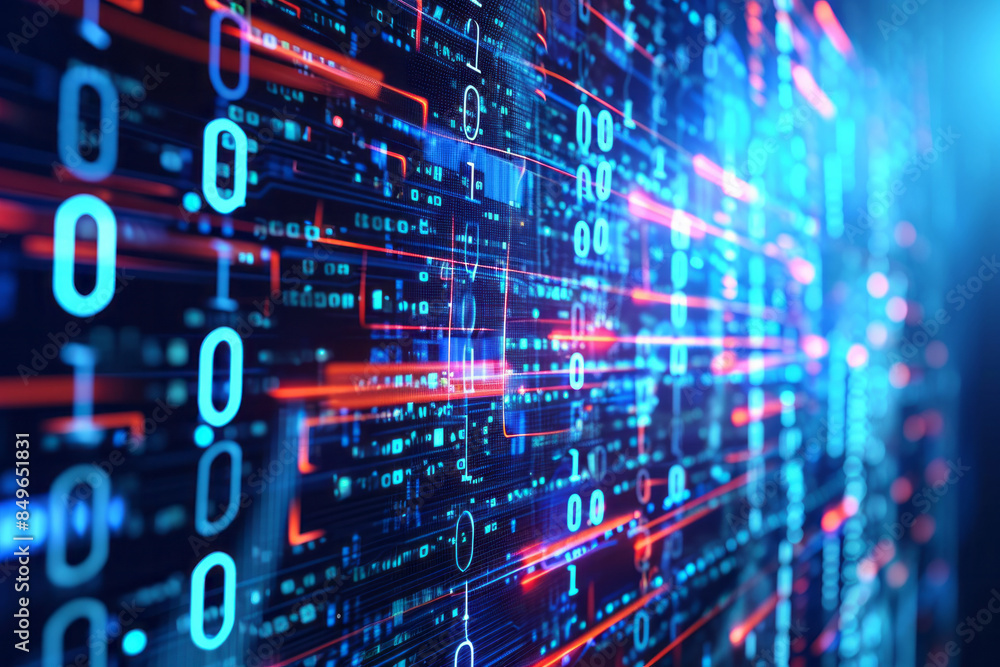 Abstract digital background with binary code and red and blue lights Abstract digital background with binary code and red and blue lights
