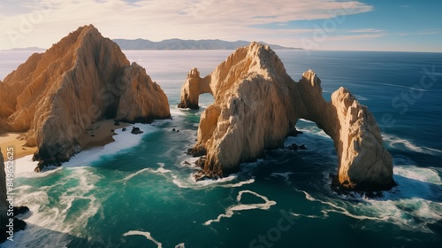 An aerial image of Lands End and the Arch at Cabo San Lucas, Baja California Sur, Mexico, at the point where the Pacific Ocean and the Gulf of California converge. photo