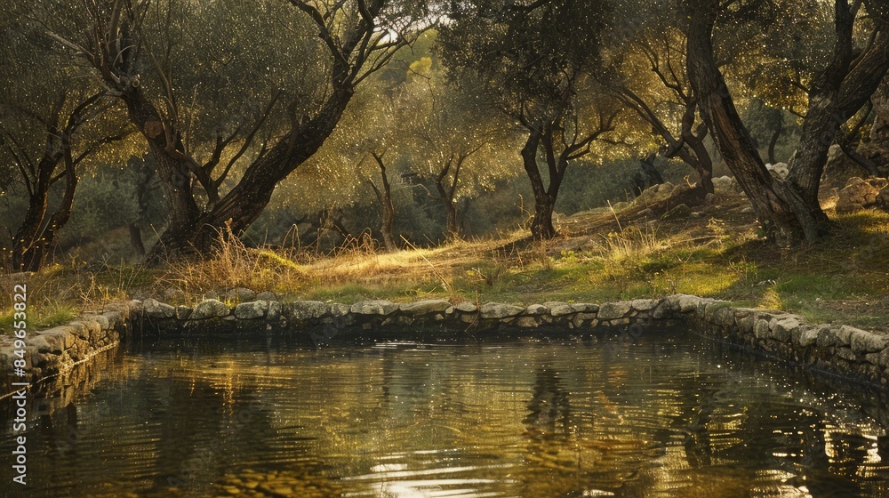 An olive tree orchard and a clean water source An olive tree orchard and a clean water source