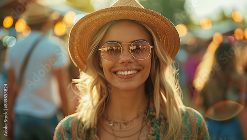 Smiling Woman in a Straw Hat and Sunglasses at a Festival