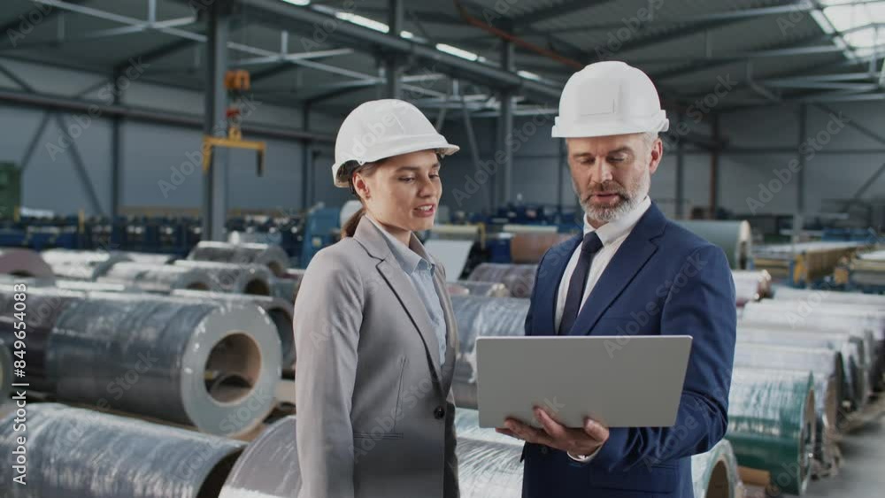 Caucasian man with elegant suit talking with his manager in facility. Busy director using laptop during communication with his coworker. People wearing safety equipment during working at factory. Caucasian man with elegant suit talking with his manager in facility. Busy director using laptop during communication with his coworker. People wearing safety equipment during working at factory.