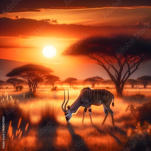 ruhige Schönheit einer Antilope einfängt, die bei Sonnenuntergang in der afrikanischen Savanne grast photo