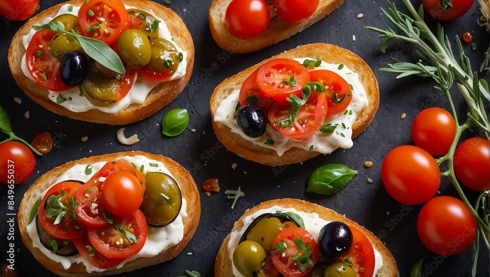 Delicious bruschetta with tomatoes, cheese, traditional Italian food Delicious bruschetta with tomatoes, cheese, traditional Italian food