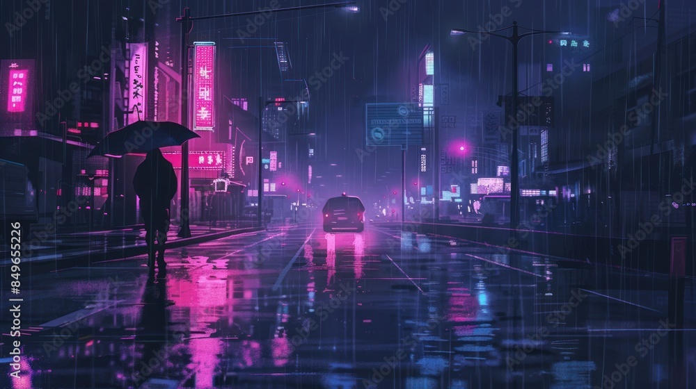 Obraz premium futuristic cyberpunk city street fantasy digital image at night. AI generated