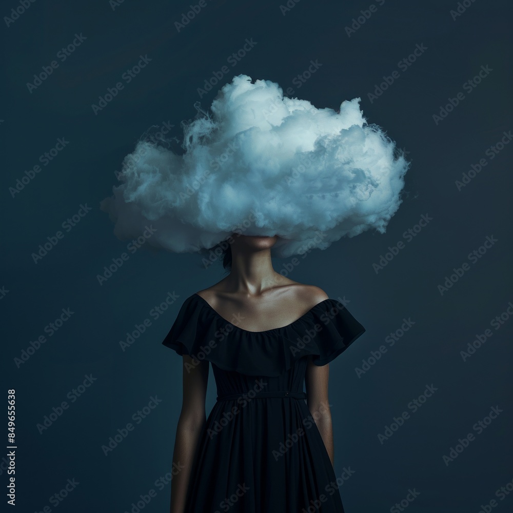 A conceptual portrait featuring a woman with a cloud for a head, wearing an off-shoulder black dress A conceptual portrait featuring a woman with a cloud for a head, wearing an off-shoulder black dress