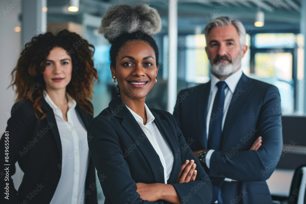 Three businesspeople stand in a modern office setting, arms crossed Three businesspeople stand in a modern office setting, arms crossed