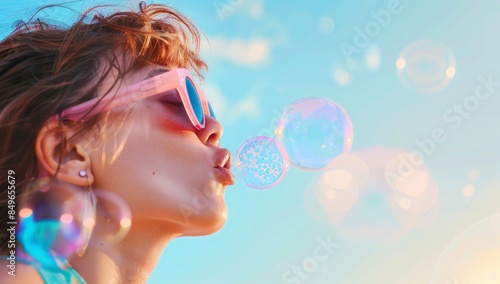 A woman's profile with face obscured by digital blur is shown with soap bubbles reflecting sunlight around her