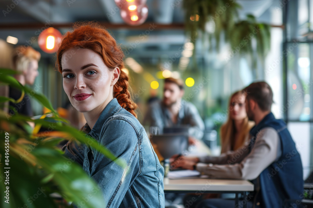 Fototapeta premium A young woman with red hair sits in a casual office setting, looking away from the camera