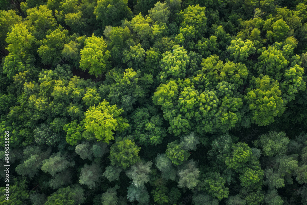 Naklejka premium Aerial view of a dense forest canopy with vibrant green leaves