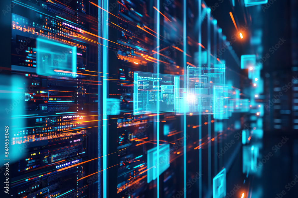 Obraz premium Digital data flowing through server racks in a data center