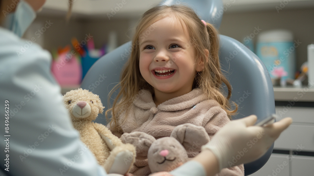 smiling little girl holding her toy in dental chair with the dentist . in the dental clinic smiling little girl holding her toy in dental chair with the dentist . in the dental clinic