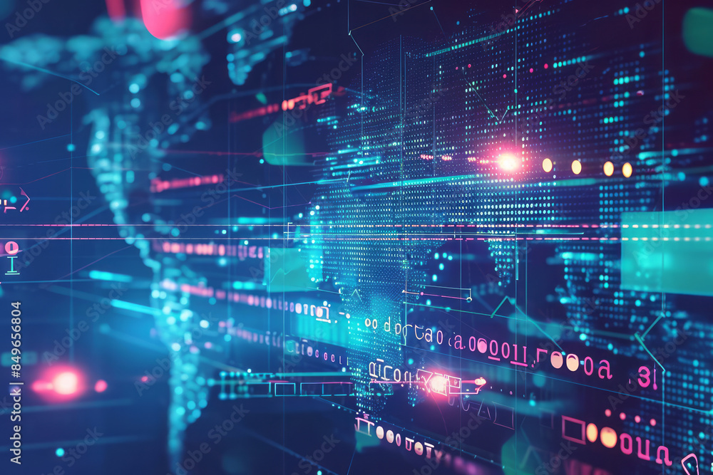Abstract digital world map with data lines and code Abstract digital world map with data lines and code