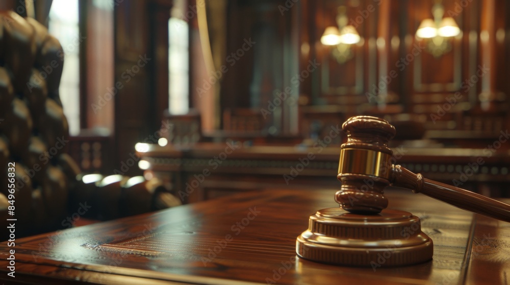 Close-up of gavel on judge's bench, representing legal proceedings and judicial outcomes Close-up of gavel on judge's bench, representing legal proceedings and judicial outcomes
