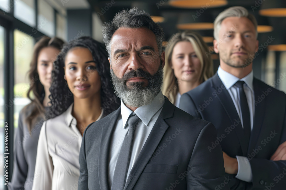 A group of business professionals stand together in an office setting A group of business professionals stand together in an office setting