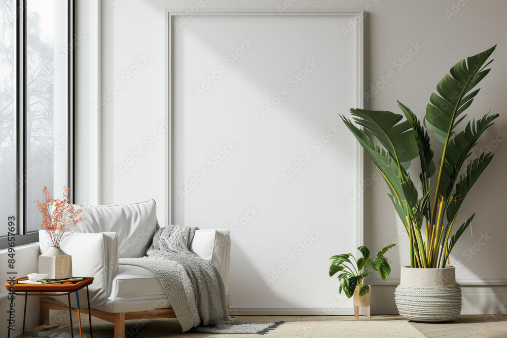 A spacious living room with a large window, an empty picture frame, and a comfortable white armchair A spacious living room with a large window, an empty picture frame, and a comfortable white armchair