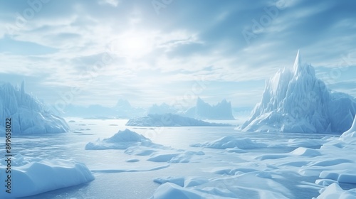 Arctic winter landscape with large glaciers frozen sea and blizzards Artificial Intelligence Rendering. © Muzamil