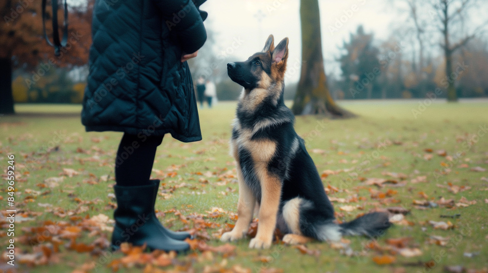 German shepherd dog is trained in the park with a trainer German shepherd dog is trained in the park with a trainer