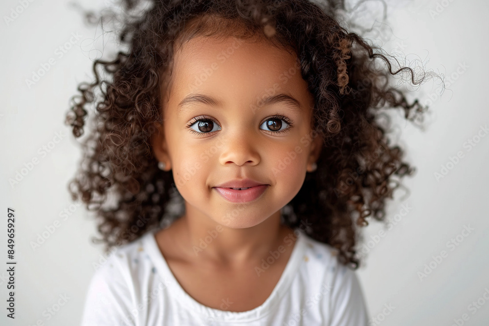 Naklejka premium Mixed Race Little Girl Isolated on a white Background Adorable Child Smiling Happy Playful Stylish Innocent Youthful Ethnic Cultural Portrait Studio Photography Bright Cheerful Fashionable