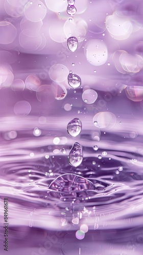 Abstract pastel lilac background with transparent water and delicate water droplets