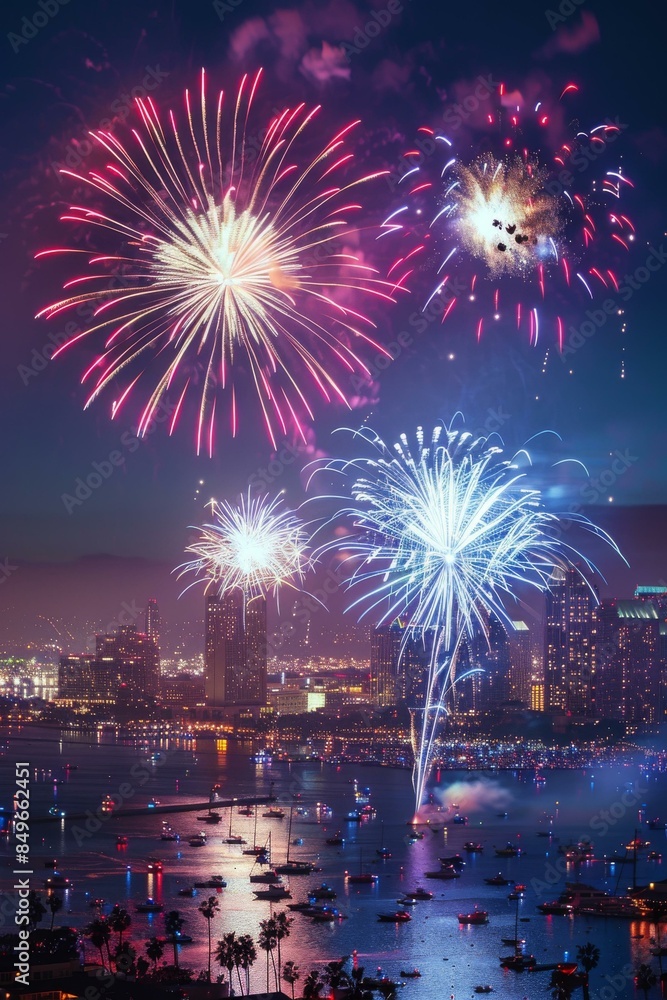 Fireworks over San Diego skyline, waterfront celebration, vibrant city night, holiday festive lights, urban landscape