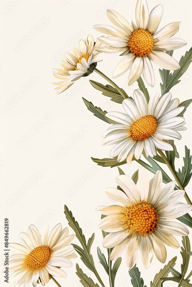 Chamomile. Illustrations of daisy flowers and leave Chamomile. Illustrations of daisy flowers and leave