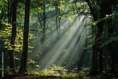 The spirit of a forest at dawn, with light filtering through a canopy of leaves