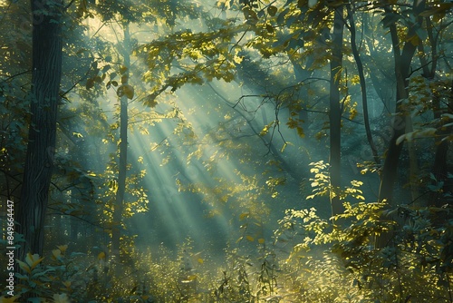 The spirit of a forest at dawn, with light filtering through a canopy of leaves