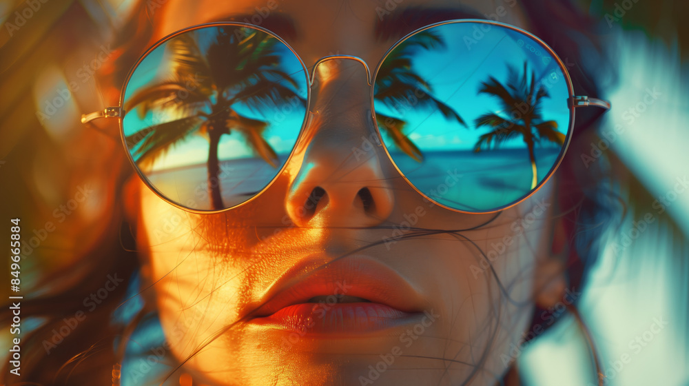 Beautiful woman with palms reflections in sunglasses, summer party vibe , close up portrait Beautiful woman with palms reflections in sunglasses, summer party vibe , close up portrait