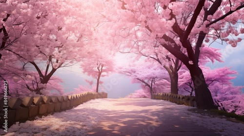 Beautiful cherry blossom sakura garden, spring nature background wallpaper. © Muzamil