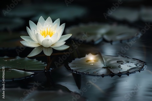 The stark beauty of a single white lotus in a dark pond