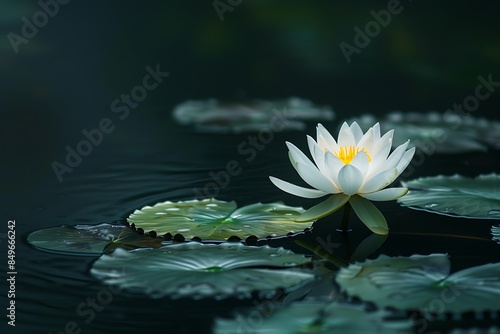 The stark beauty of a single white lotus in a dark pond