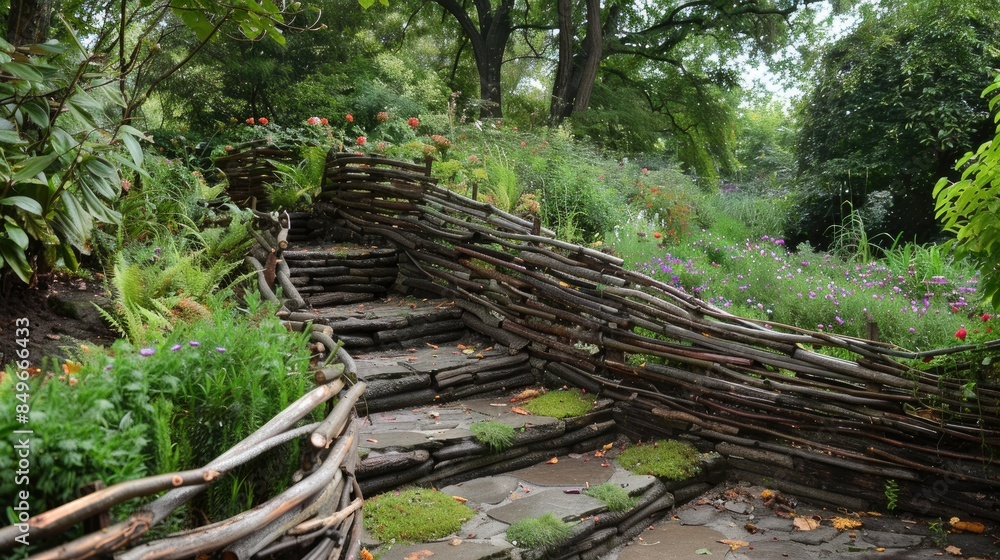 A hazel wicker fence serves as a stairway in the yard A hazel wicker fence serves as a stairway in the yard