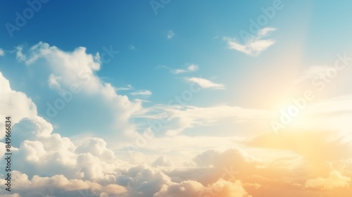 Beautiful cloudy sky with sunshine Peaceful natural background Sunny divine heaven Religion heavenly concept Copy space image Place for adding text or design. © Muzamil