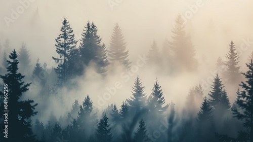A serene forest landscape shrouded in morning mist, creating a mystical and tranquil atmosphere with towering pine trees dominating the scenery. photo