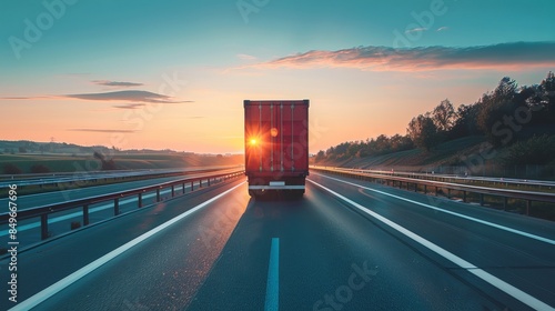 A truck on a highway at sunset, with a scenic view of the open road and sky, representing transportation and logistics. © GenBy