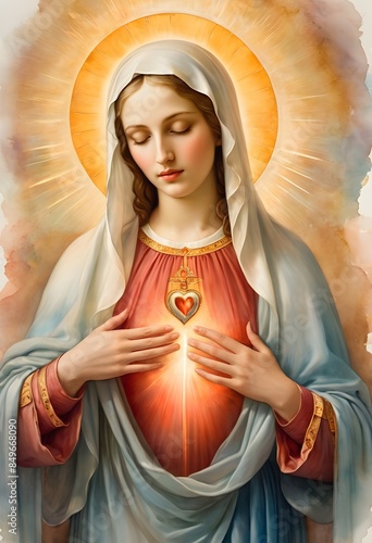 Fotografie Exact copy of catholic image of heart of Virgin Mary, typical copy of painted he