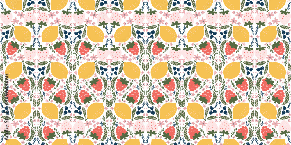 Delightful seamless pattern with illustrations of white strawberries, raspberries, lemons, blackberries, pink flowers, and green leaves, arranged in a charming diamond-shaped motif Delightful seamless pattern with illustrations of white strawberries, raspberries, lemons, blackberries, pink flowers, and green leaves, arranged in a charming diamond-shaped motif