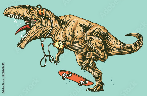 Vector illustration of skateboarder dinosaur with headset and cellphone.