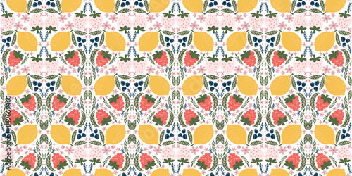 Delightful seamless pattern with illustrations of white strawberries, raspberries, lemons, blackberries, pink flowers, and green leaves, arranged in a charming diamond-shaped motif