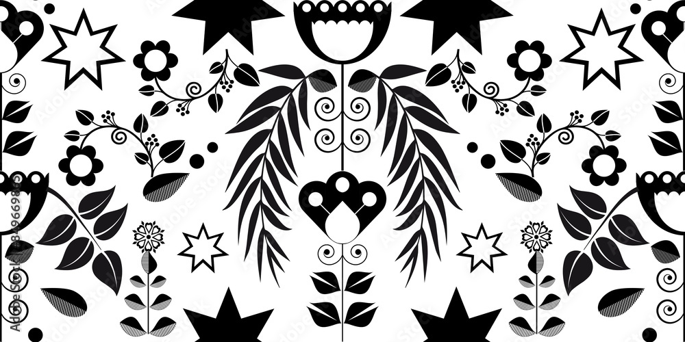 Obraz premium Cheerful spring seamless pattern in stripes with birds in black and white design.Decorative lines with birds and flower.decorative tapes..