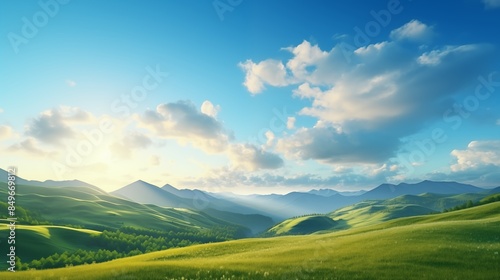 Beautiful sunrise over the green mountains in morning light with fluffy clouds on a bright blue sky. Nature freshness concept. © Muzamil