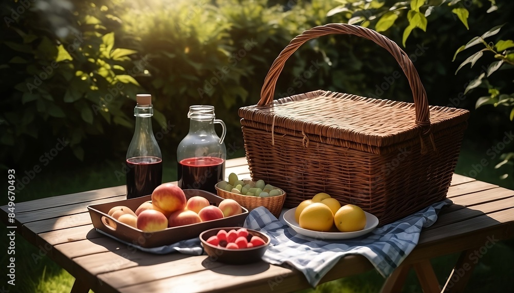 dark wooden table and a wicker basket ready for a sunny holiday camping day sunlit environment joys of outdoor exploration and relaxation, picnic in the garden created with generative ai dark wooden table and a wicker basket ready for a sunny holiday camping day sunlit environment joys of outdoor exploration and relaxation, picnic in the garden created with generative ai